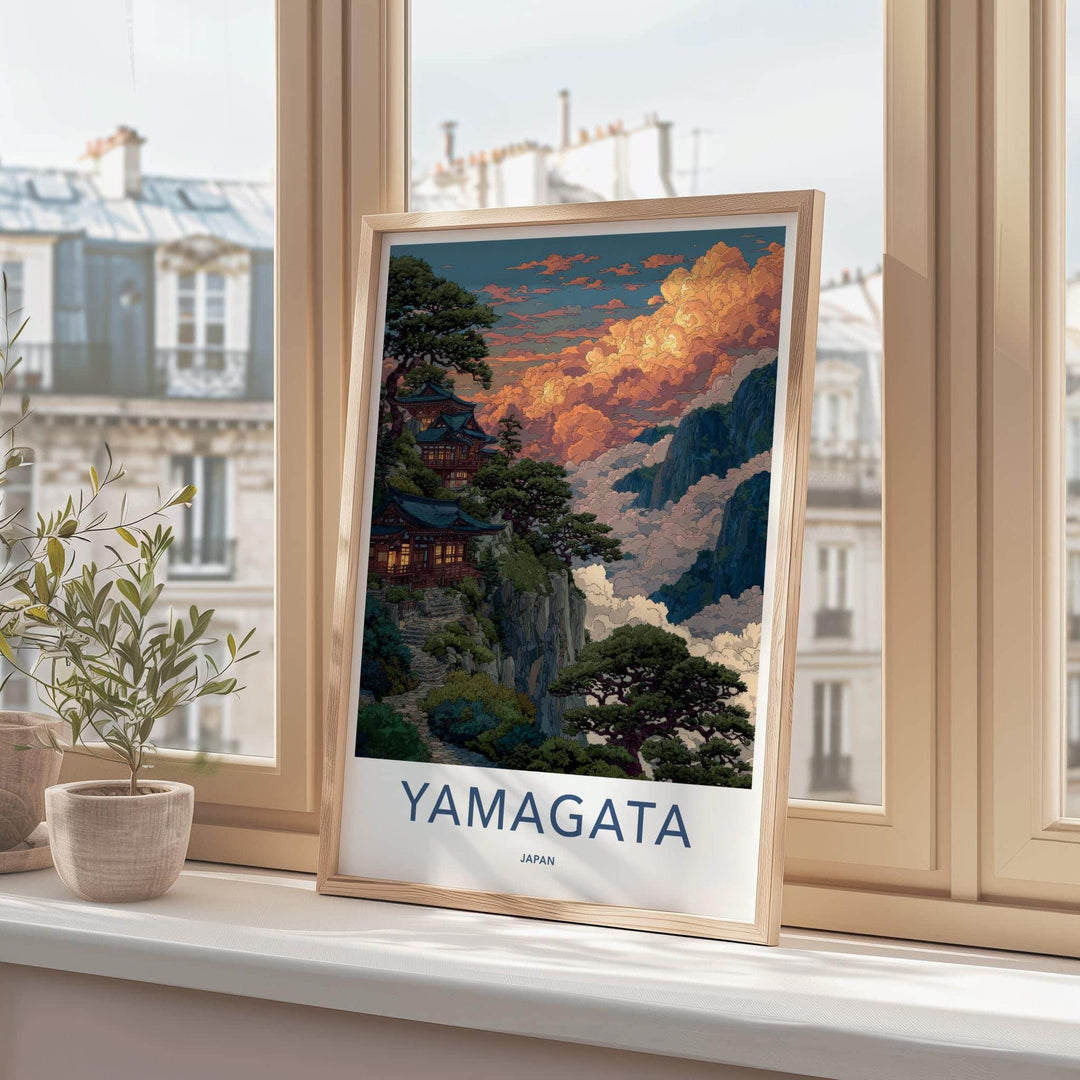 Yamagata Poster - Japan Art Print - Cloudy Mountain Temple Home Decor