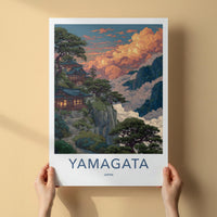 Yamagata Poster - Japan Art Print - Cloudy Mountain Temple Home Decor
