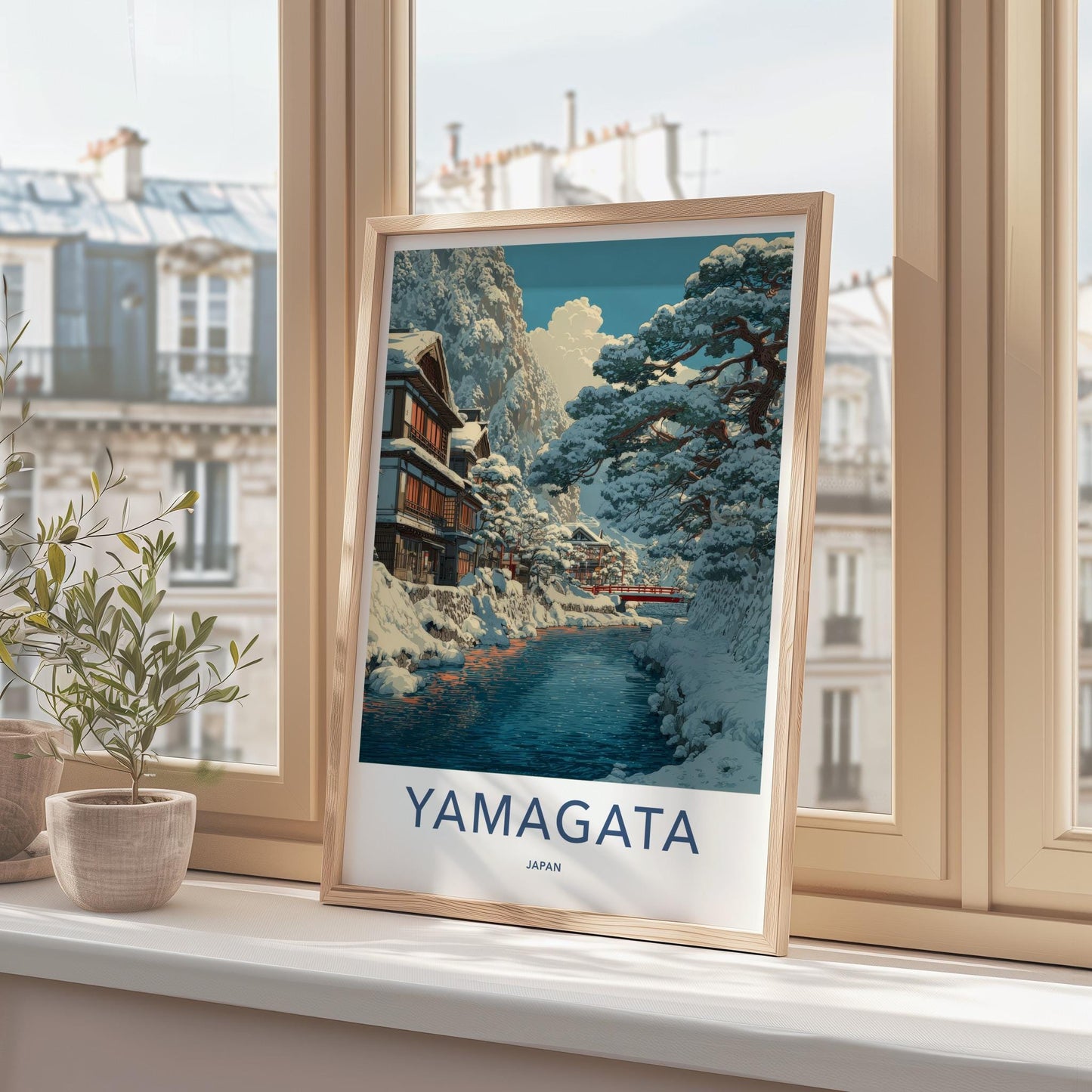 Yamagata Poster - Japan Framed Art - Snowy River Village Wall Decor