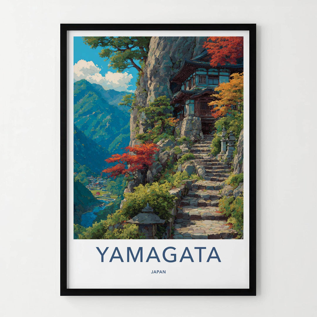 Yamagata Poster - Japan Travel Art - Autumn Cliffside Temple Home Decor
