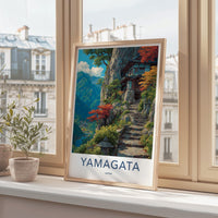Yamagata Poster - Japan Travel Art - Autumn Cliffside Temple Home Decor