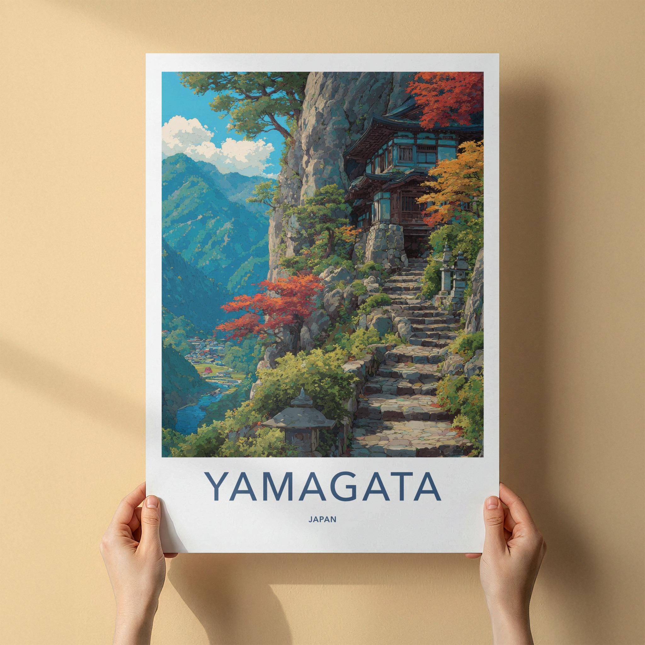 Yamagata Poster - Japan Travel Art - Autumn Cliffside Temple Home Decor