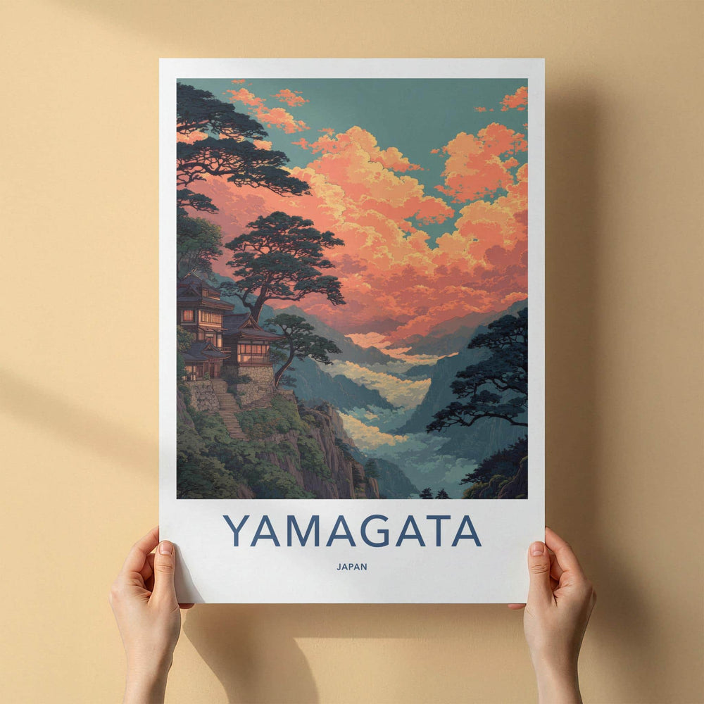 Yamagata Poster - Japan Travel Art - Orange Cloudscape Temple Wall Decor