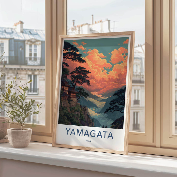 Yamagata Poster - Japan Travel Art - Orange Cloudscape Temple Wall Decor