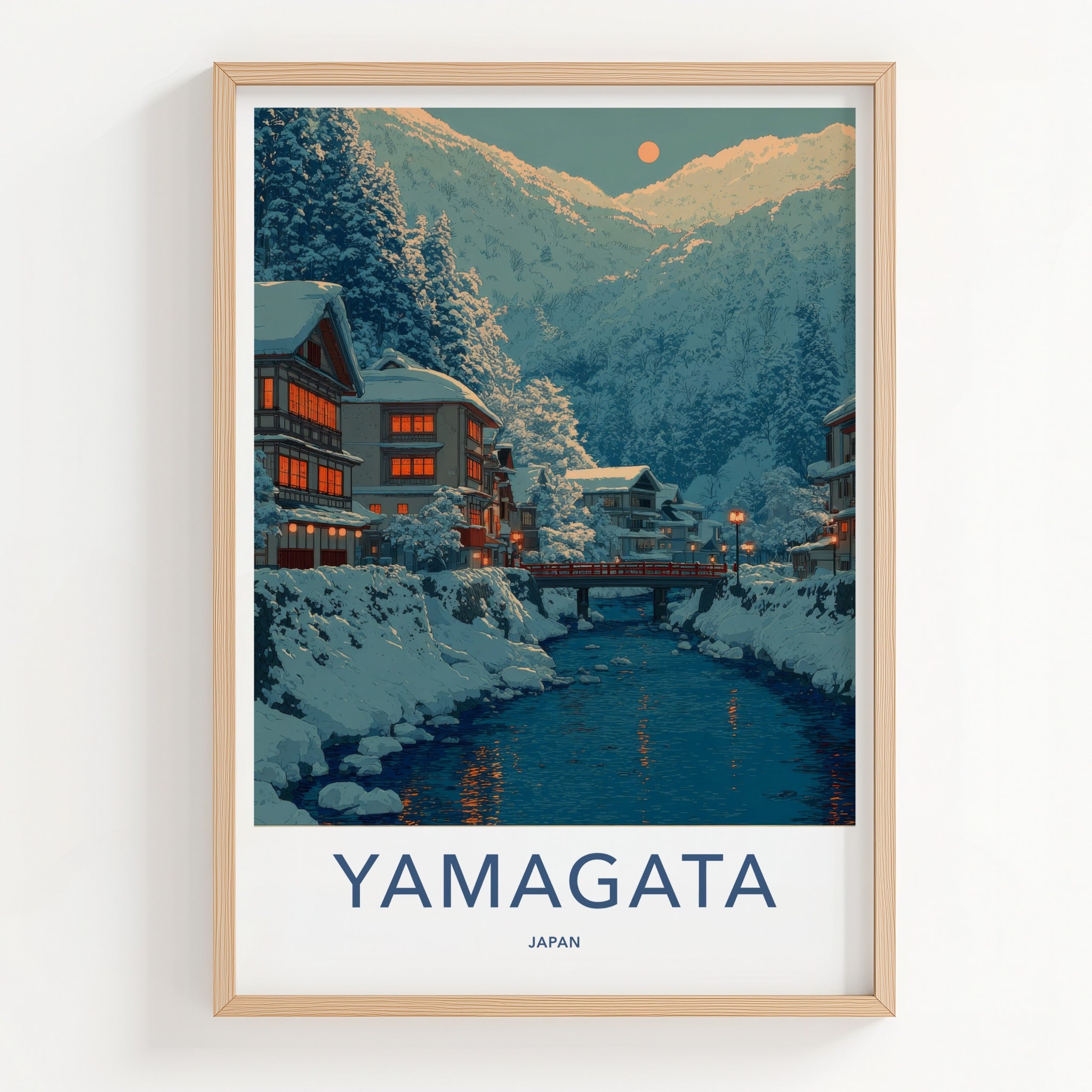 Yamagata Poster - Japan Travel Art - Snowy Village River Home Decor