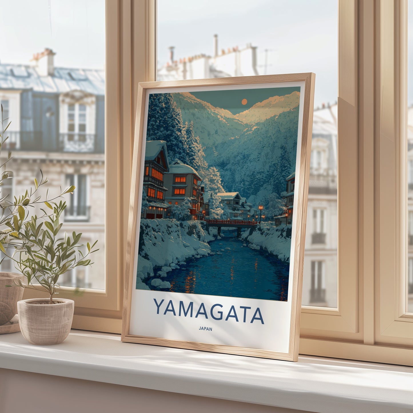 Yamagata Poster - Japan Travel Art - Snowy Village River Home Decor