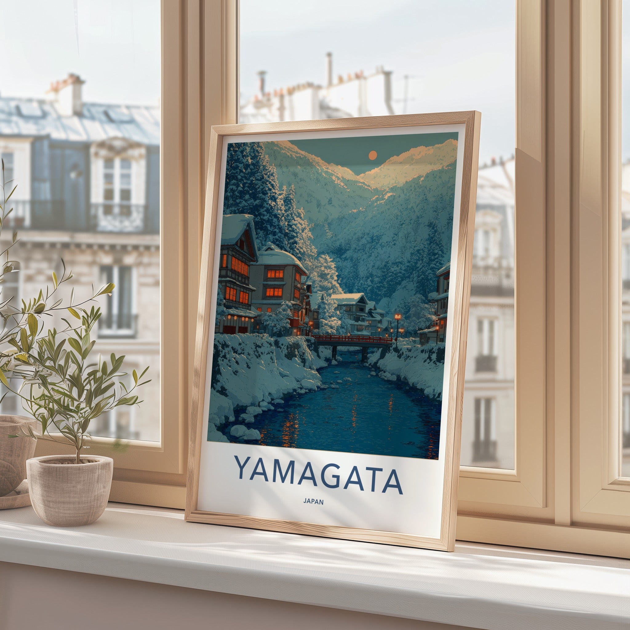 Yamagata Poster - Japan Travel Art - Snowy Village River Home Decor