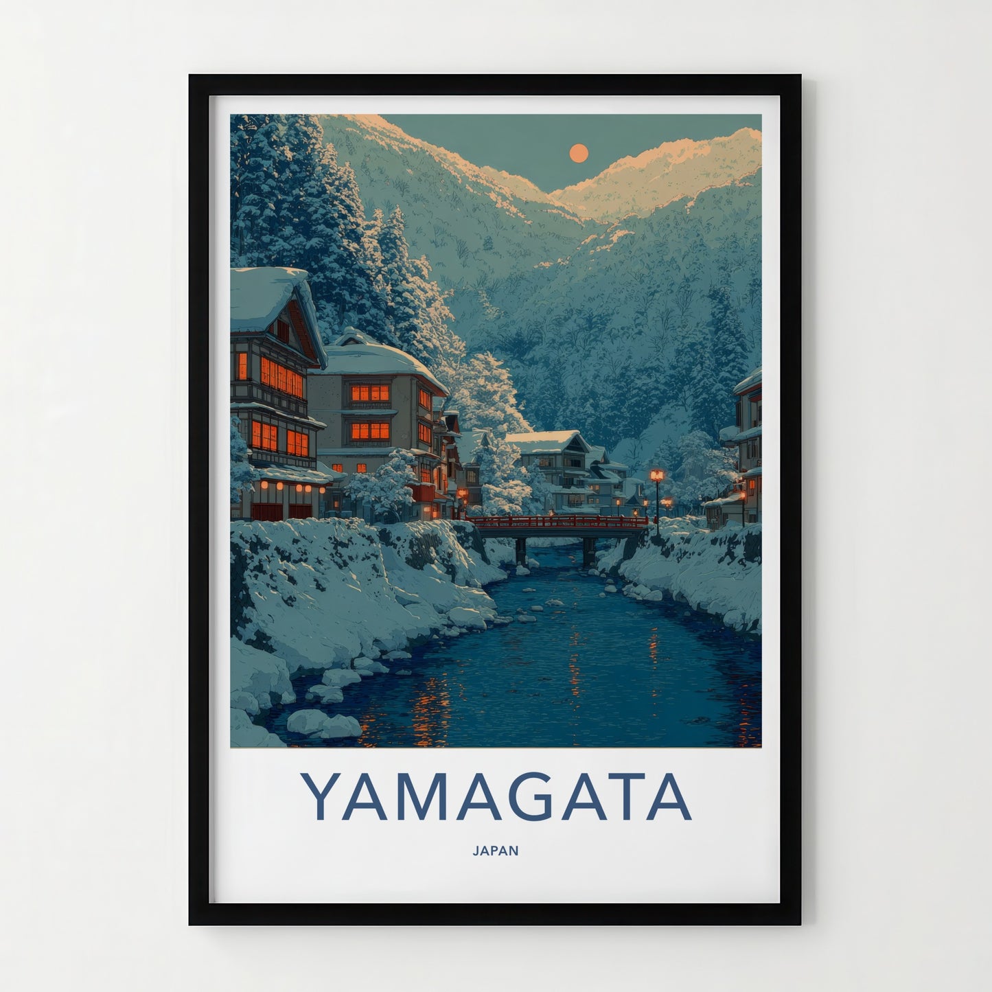 Yamagata Poster - Japan Travel Art - Snowy Village River Home Decor