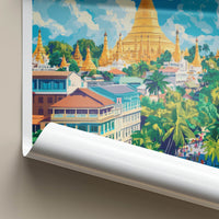 Yangon Poster - Myanmar Travel Art - Golden Pagoda Cityscape Home Decor