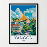 Yangon Poster - Myanmar Travel Art - Golden Pagoda Cityscape Home Decor