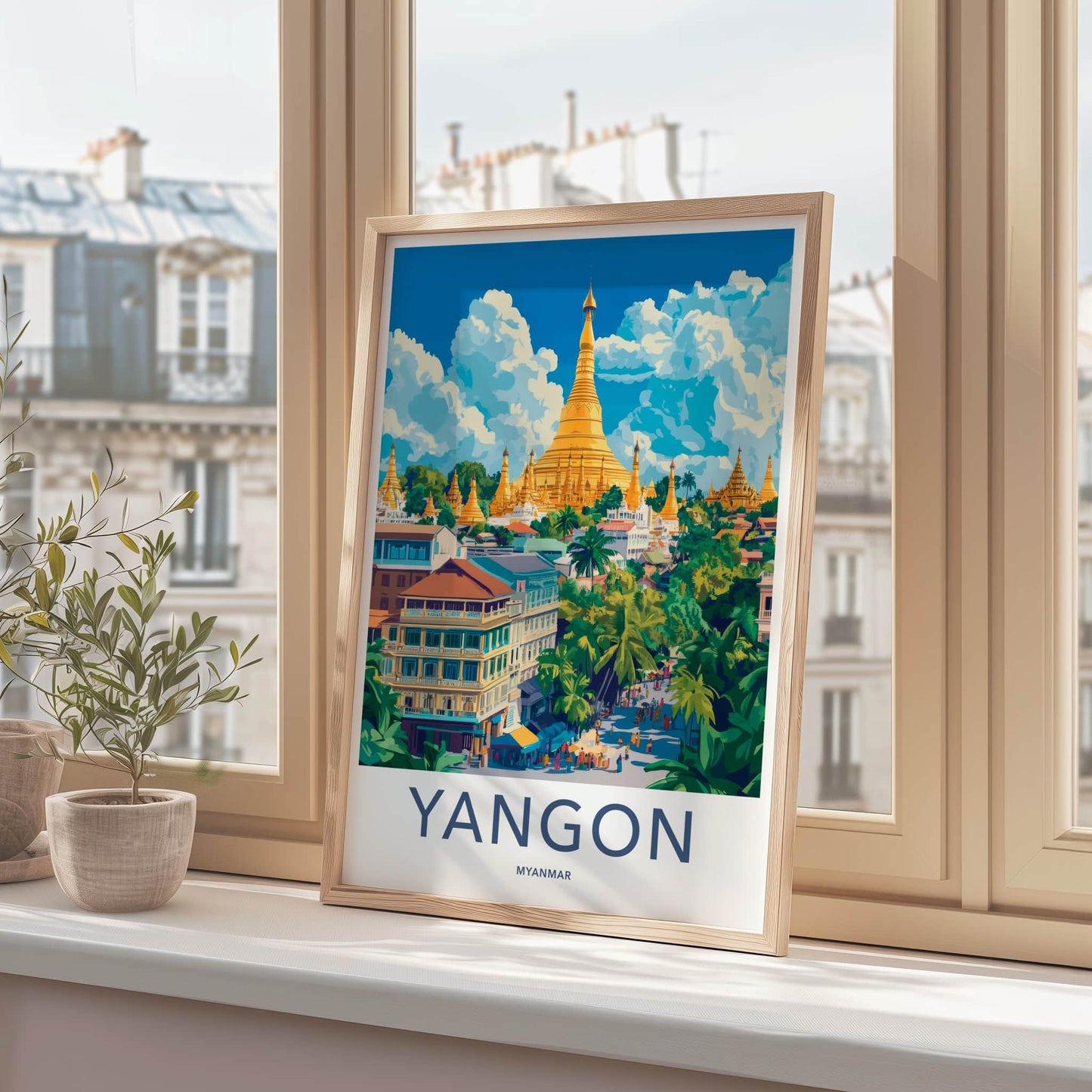 Yangon Poster - Myanmar Travel Art - Golden Pagoda Cityscape Home Decor