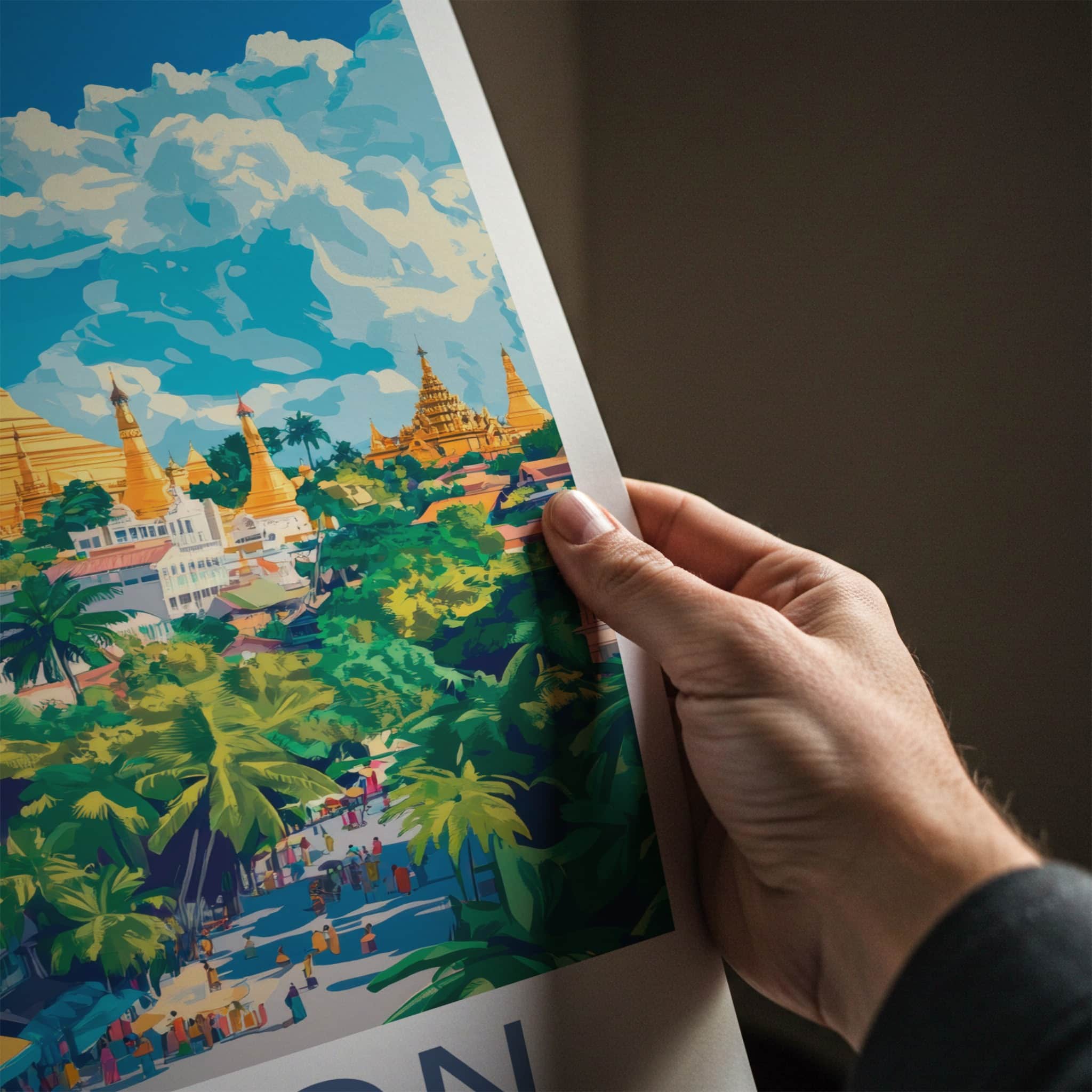 Yangon Poster - Myanmar Travel Art - Golden Pagoda Cityscape Home Decor