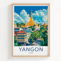 Yangon Poster - Myanmar Travel Art - Golden Pagoda Cityscape Home Decor