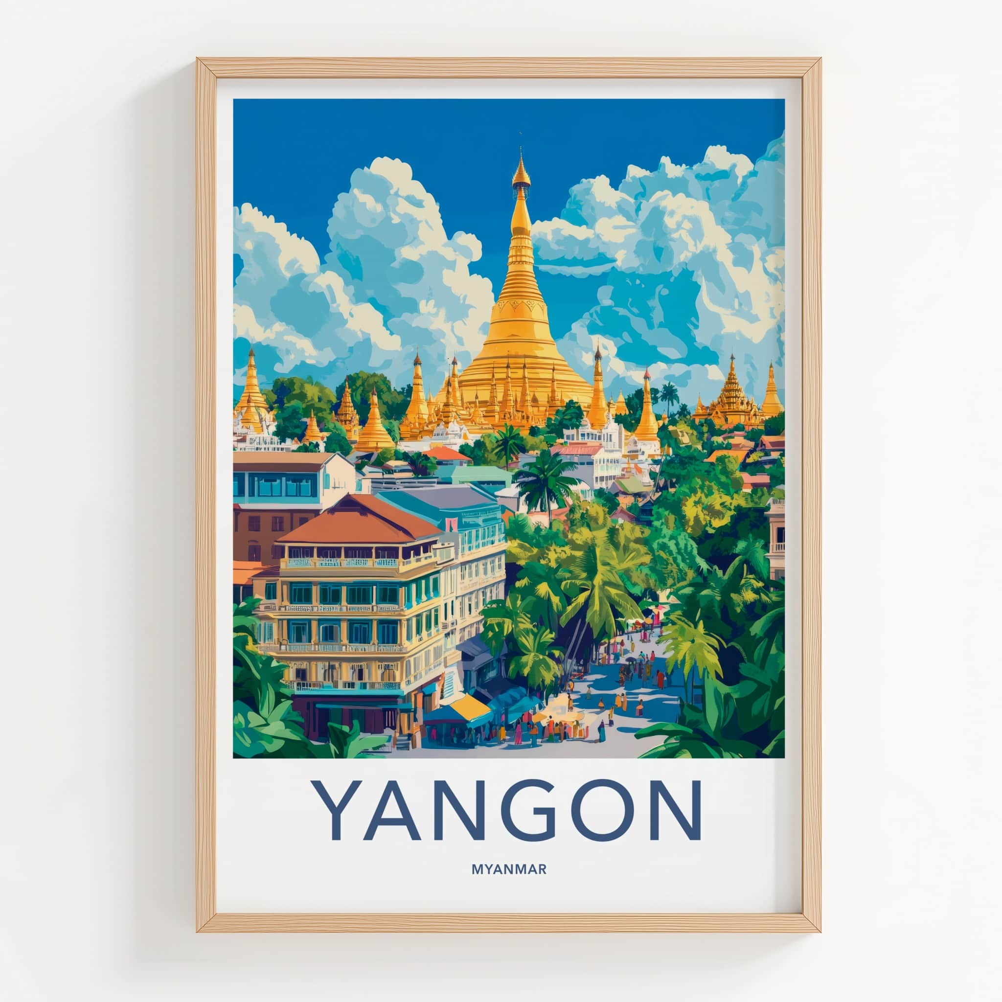 Yangon Poster - Myanmar Travel Art - Golden Pagoda Cityscape Home Decor