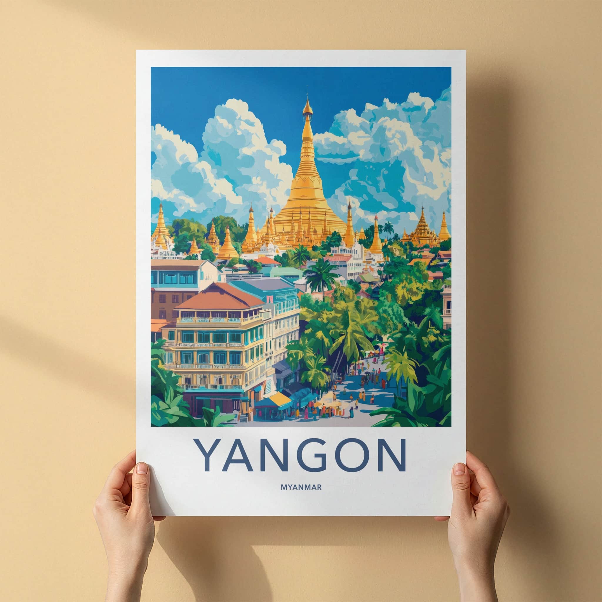 Yangon Poster - Myanmar Travel Art - Golden Pagoda Cityscape Home Decor