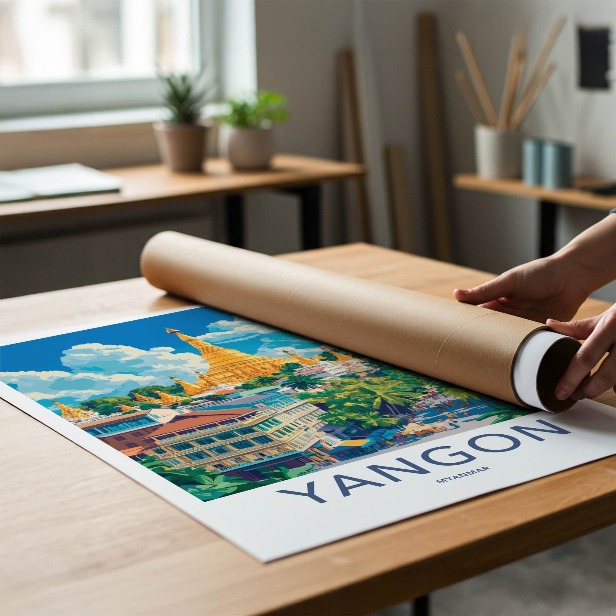 Yangon Poster - Myanmar Travel Art - Golden Pagoda Cityscape Home Decor