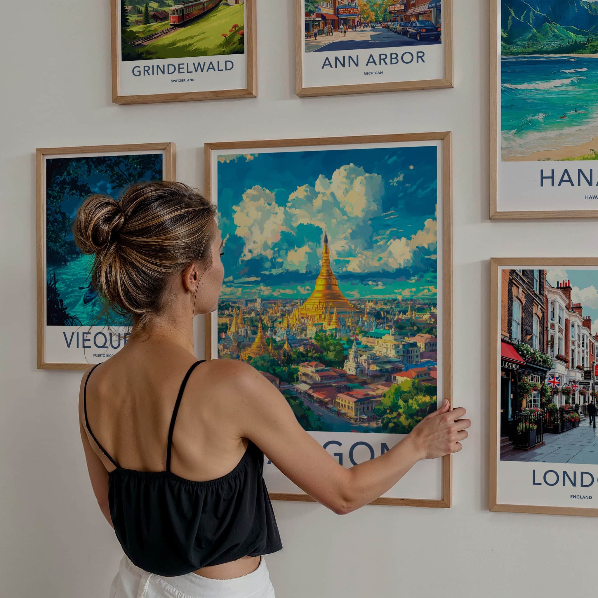 Yangon Poster - Myanmar Travel Art - Golden Pagoda Cityscape Wall Decor