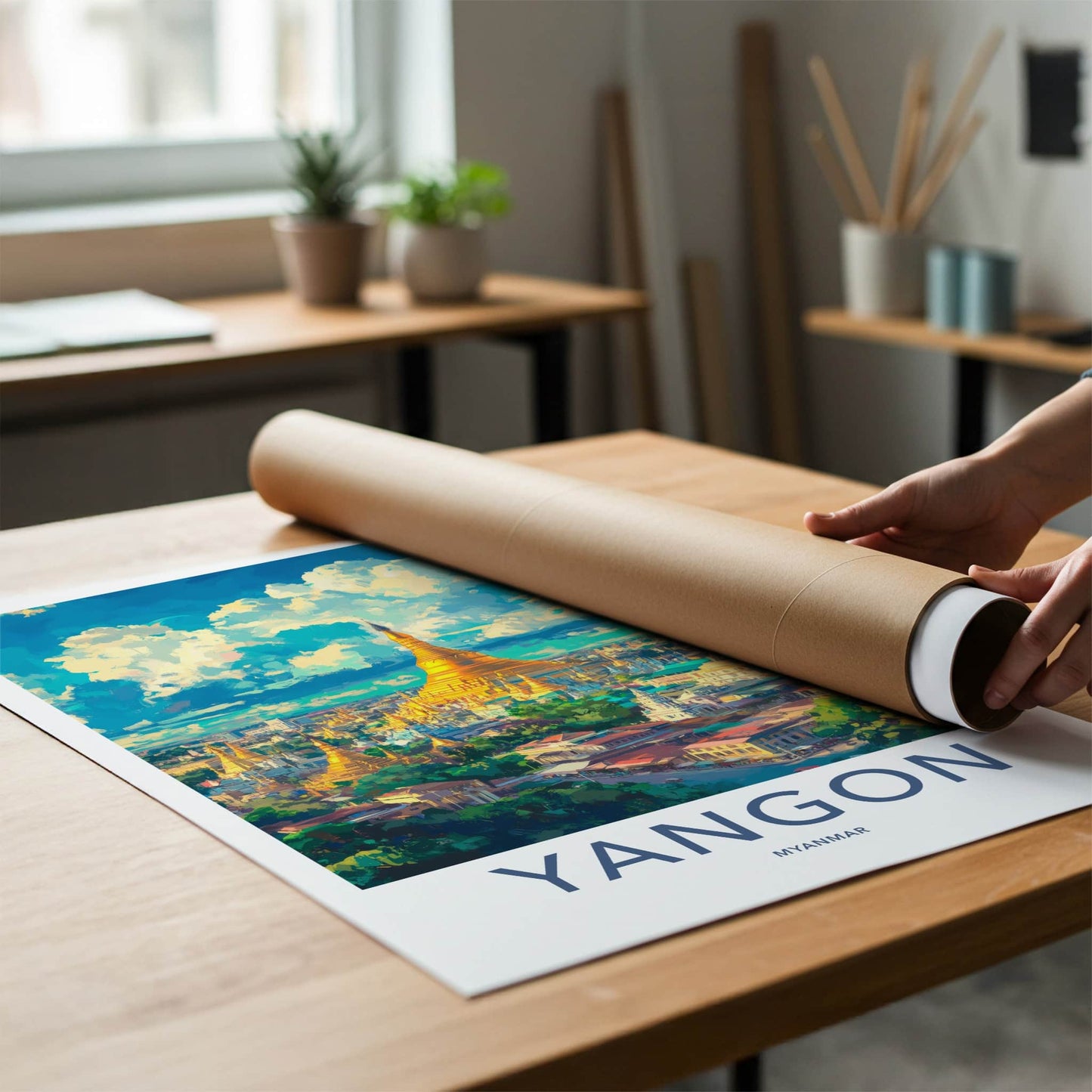 Yangon Poster - Myanmar Travel Art - Golden Pagoda Cityscape Wall Decor