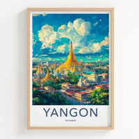Yangon Poster - Myanmar Travel Art - Golden Pagoda Cityscape Wall Decor