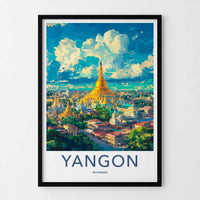 Yangon Poster - Myanmar Travel Art - Golden Pagoda Cityscape Wall Decor