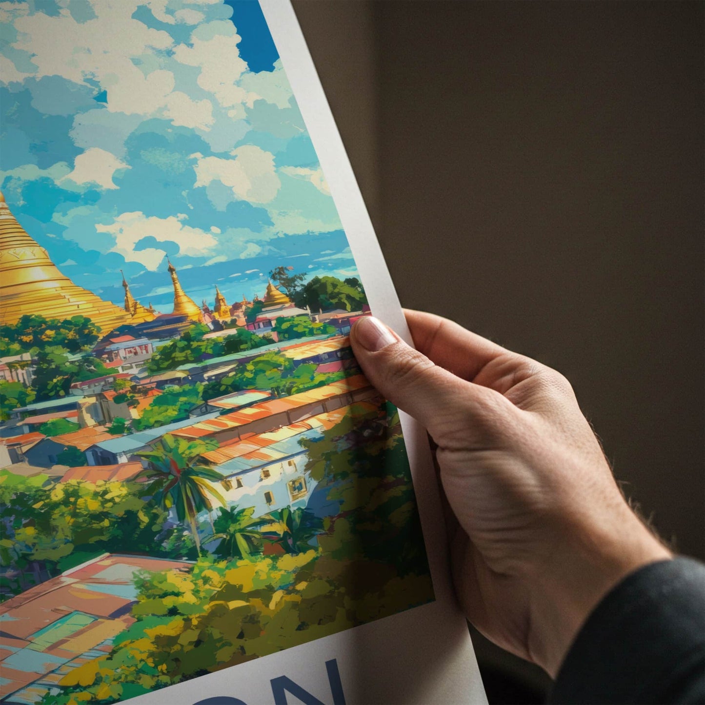 Yangon Poster - Myanmar Travel Art - Golden Pagodas Cityscape Home Decor