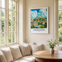 Yangon Poster - Myanmar Travel Art - Golden Pagodas Cityscape Home Decor
