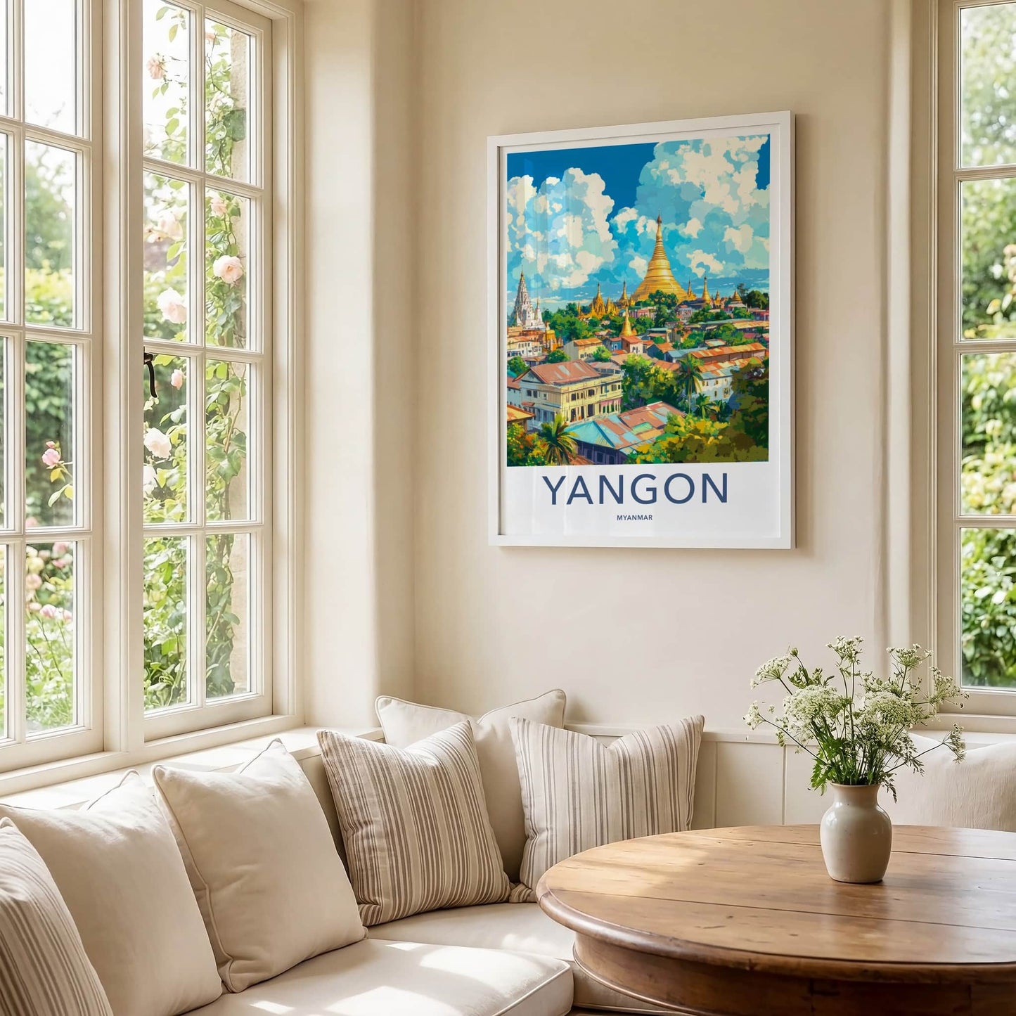 Yangon Poster - Myanmar Travel Art - Golden Pagodas Cityscape Home Decor