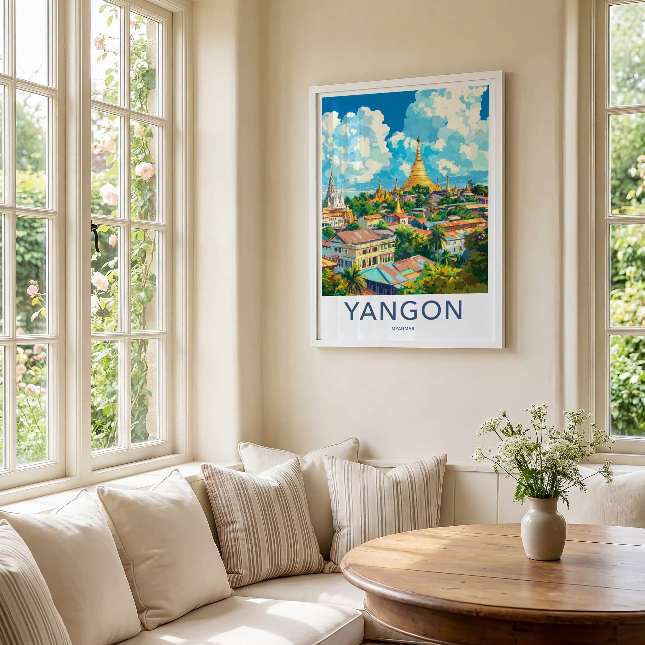 Yangon Poster - Myanmar Travel Art - Golden Pagodas Cityscape Home Decor