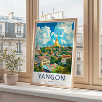 Yangon Poster - Myanmar Travel Art - Golden Pagodas Cityscape Home Decor