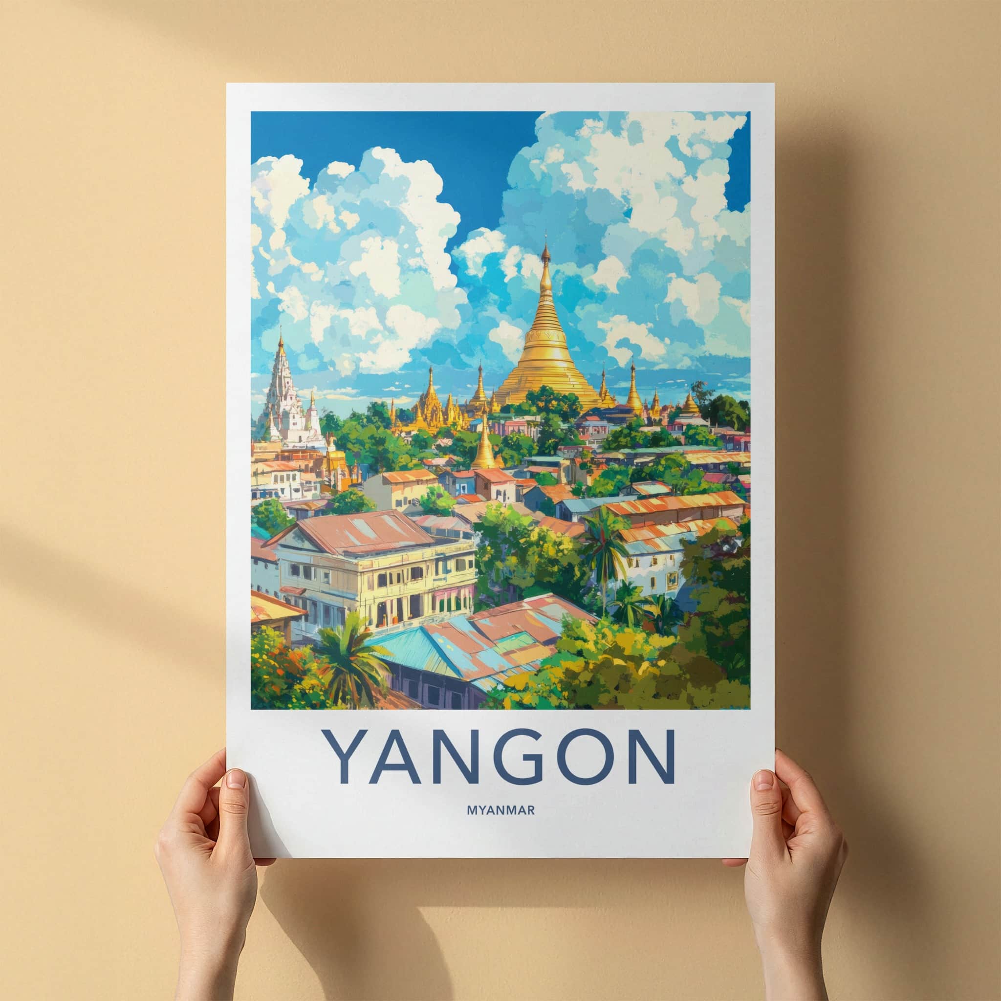 Yangon Poster - Myanmar Travel Art - Golden Pagodas Cityscape Home Decor