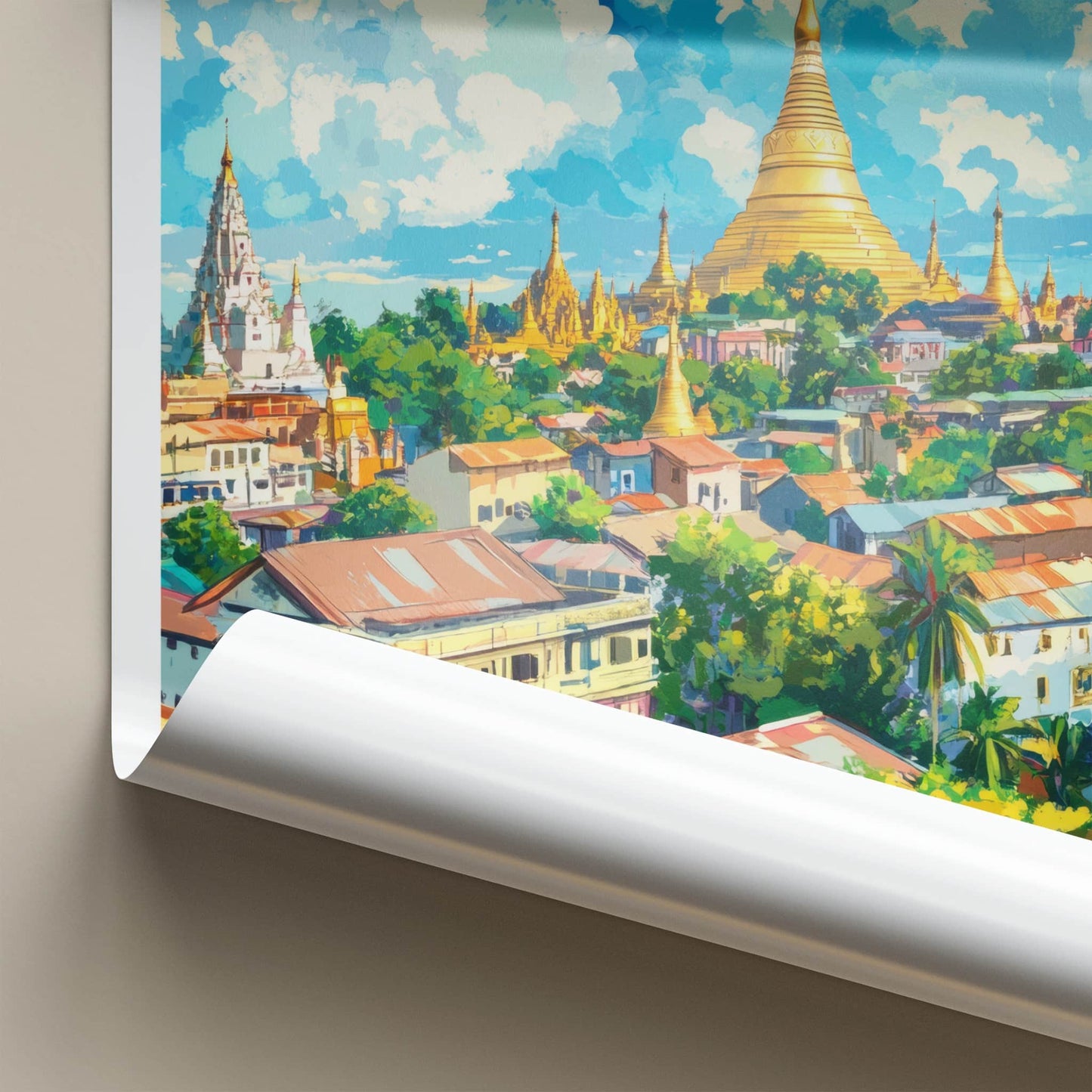 Yangon Poster - Myanmar Travel Art - Golden Pagodas Cityscape Home Decor