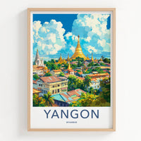Yangon Poster - Myanmar Travel Art - Golden Pagodas Cityscape Home Decor