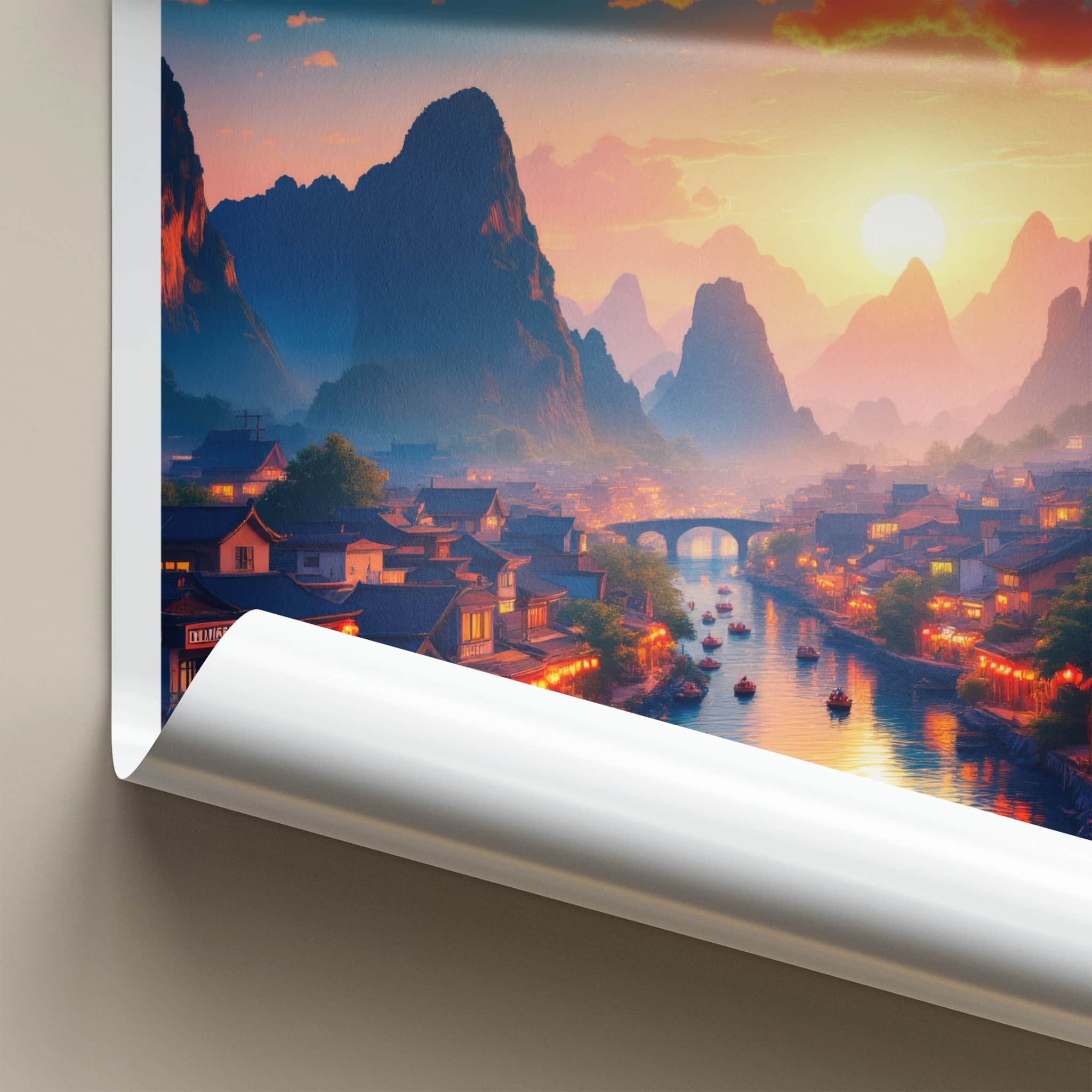 Yangshuo Poster - China Framed Print - River Sunset Boats Home Decor