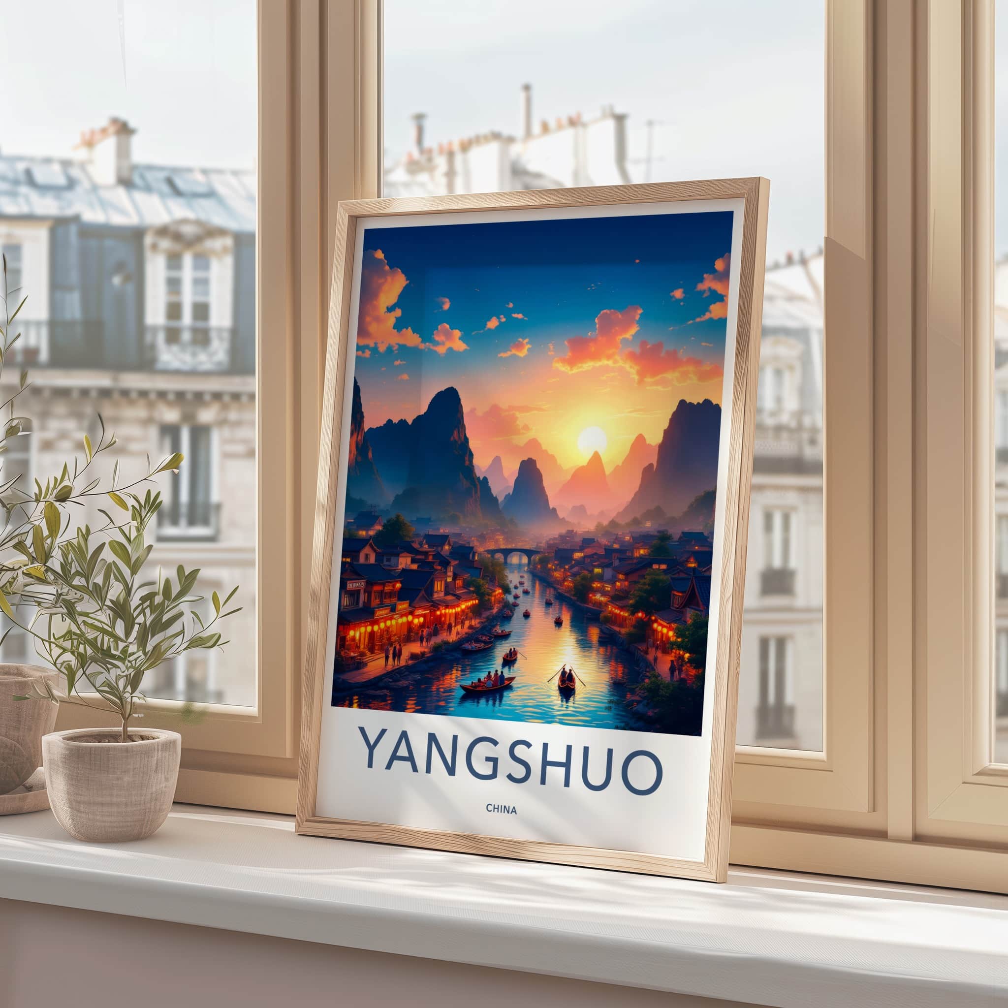 Yangshuo Poster - China Framed Print - River Sunset Boats Home Decor