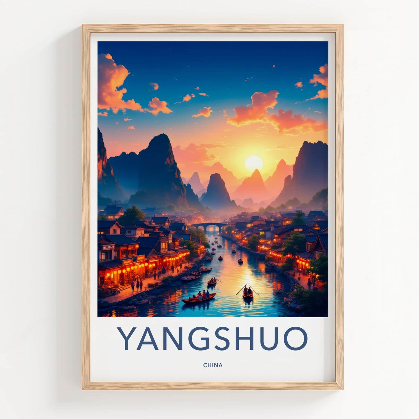 Yangshuo Poster - China Framed Print - River Sunset Boats Home Decor