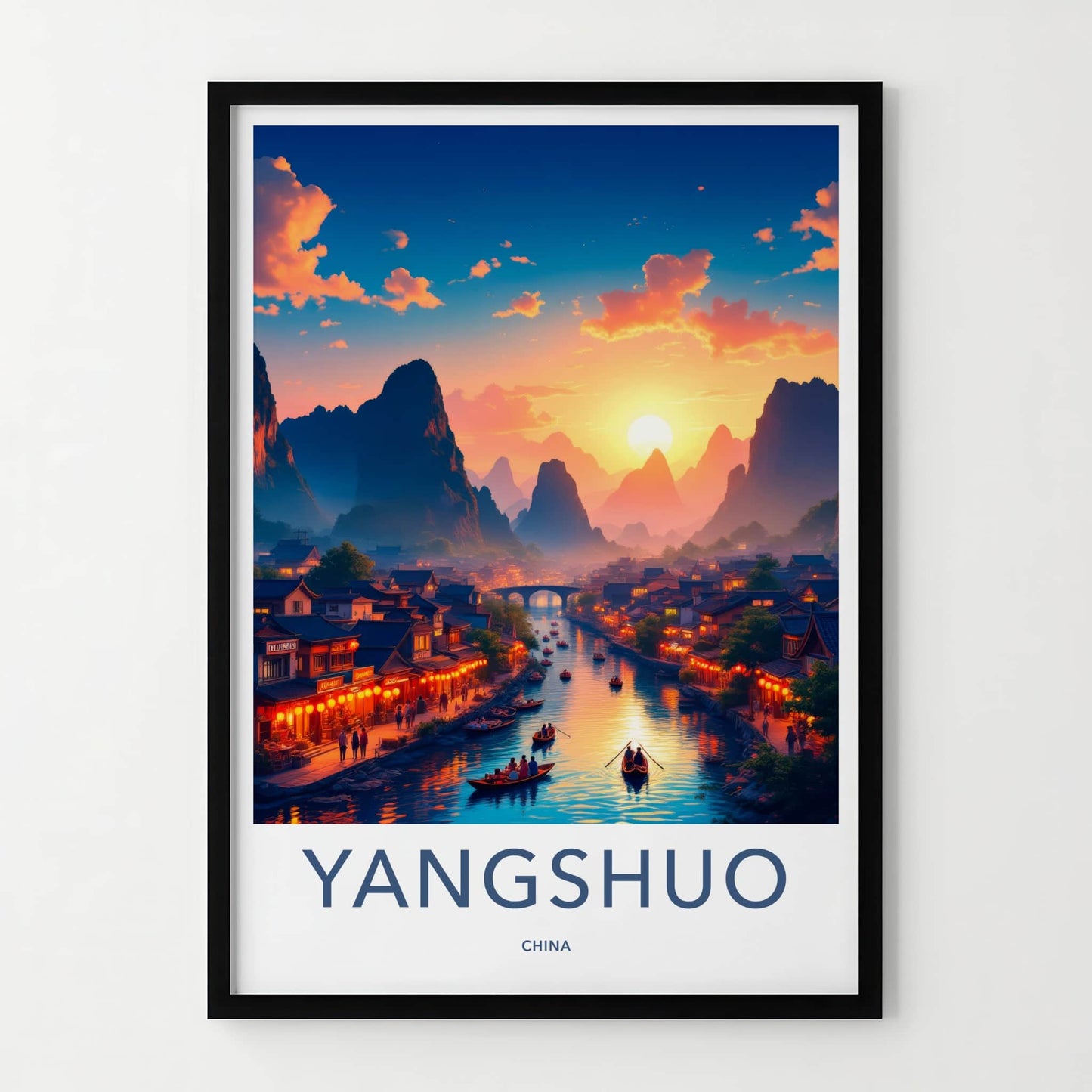 Yangshuo Poster - China Framed Print - River Sunset Boats Home Decor