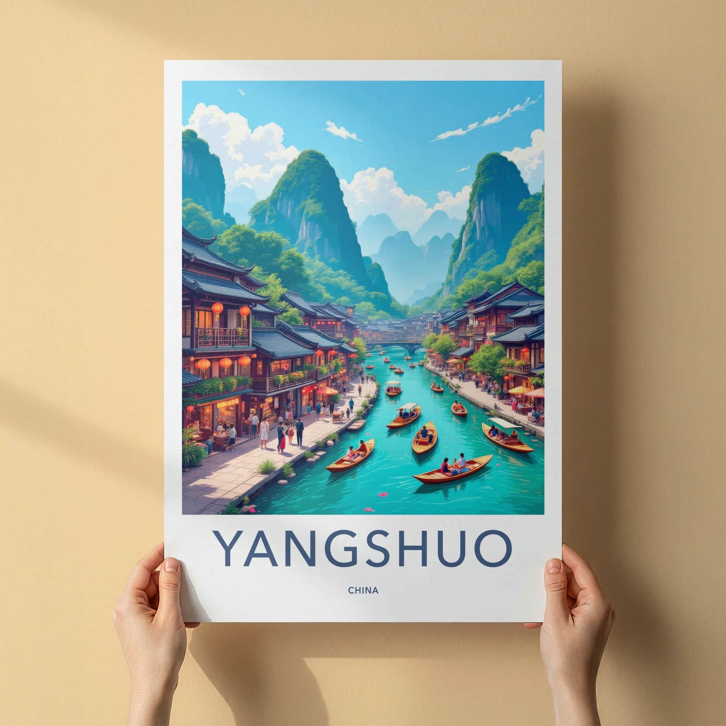 Yangshuo Poster - China Travel Art - Boating River Mountains Home Decor