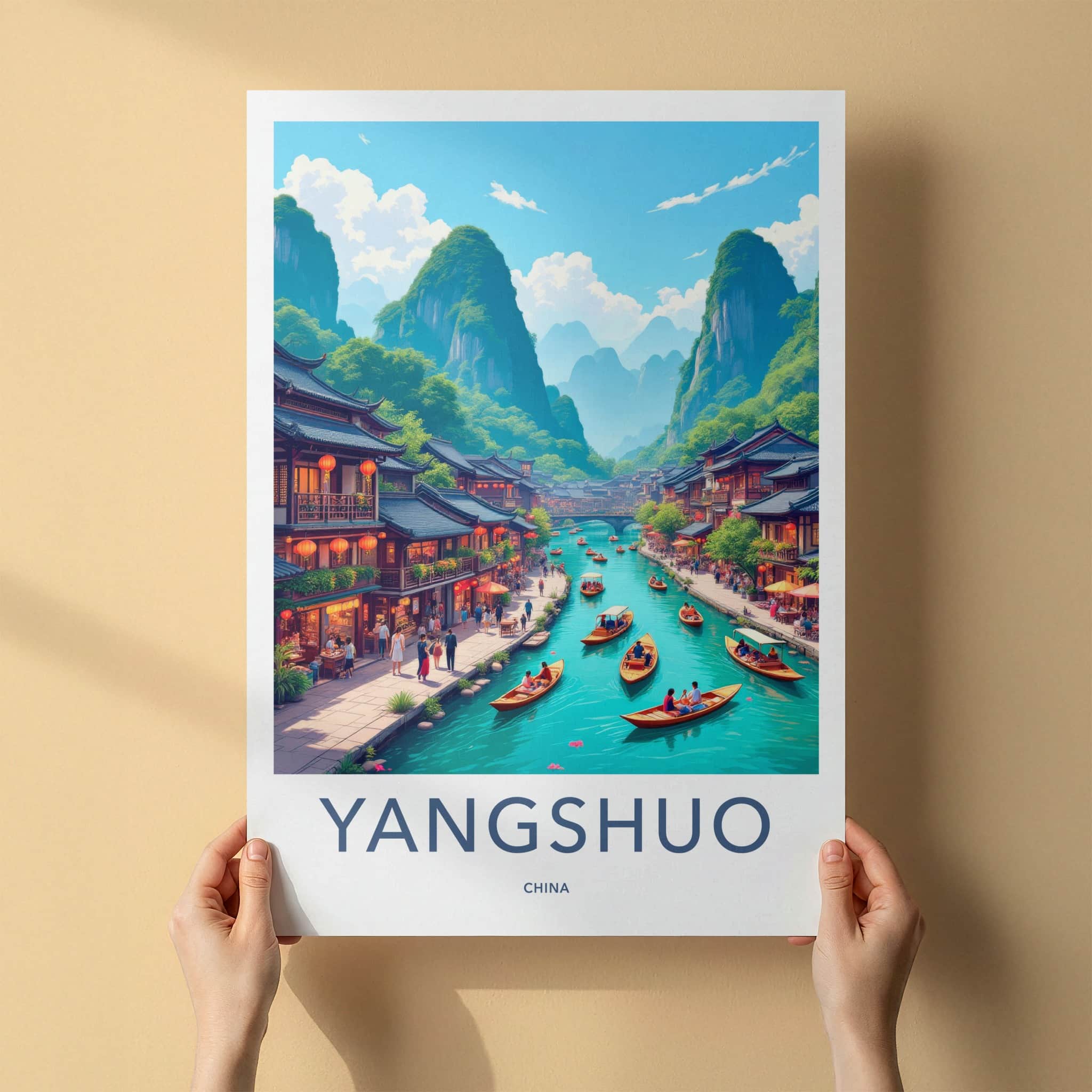 Yangshuo Poster - China Travel Art - Boating River Mountains Home Decor