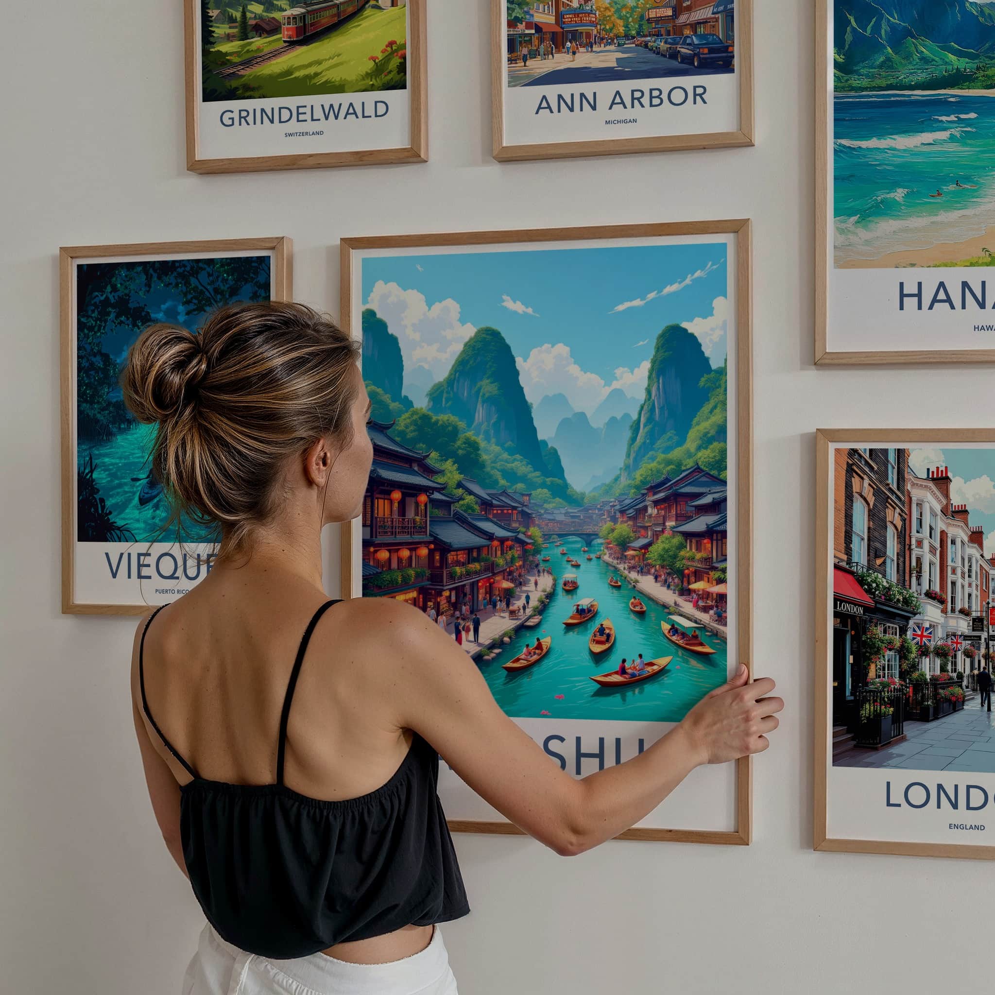 Yangshuo Poster - China Travel Art - Boating River Mountains Home Decor