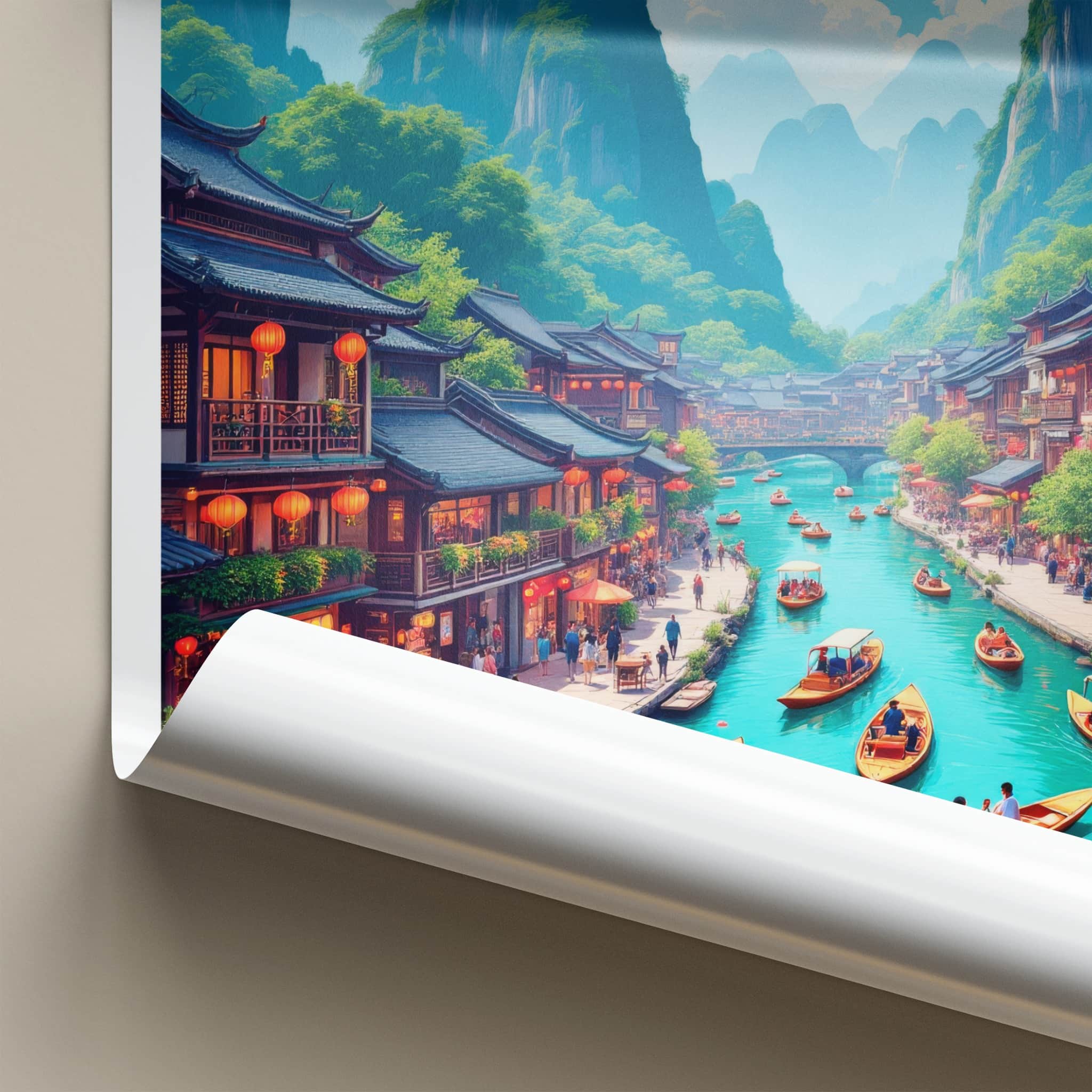 Yangshuo Poster - China Travel Art - Boating River Mountains Home Decor