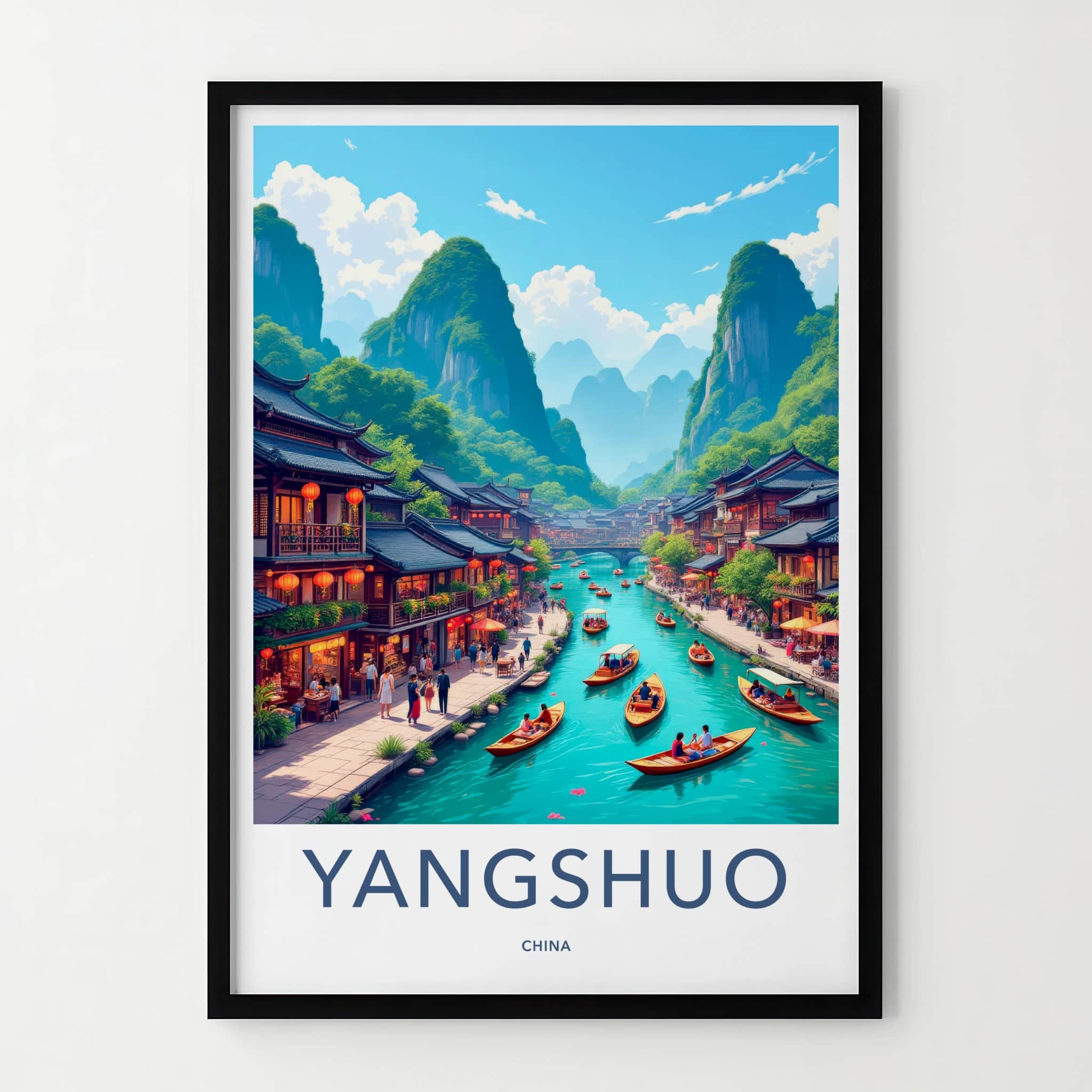 Yangshuo Poster - China Travel Art - Boating River Mountains Home Decor