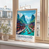Yangshuo Poster - China Travel Art - Boating River Mountains Home Decor