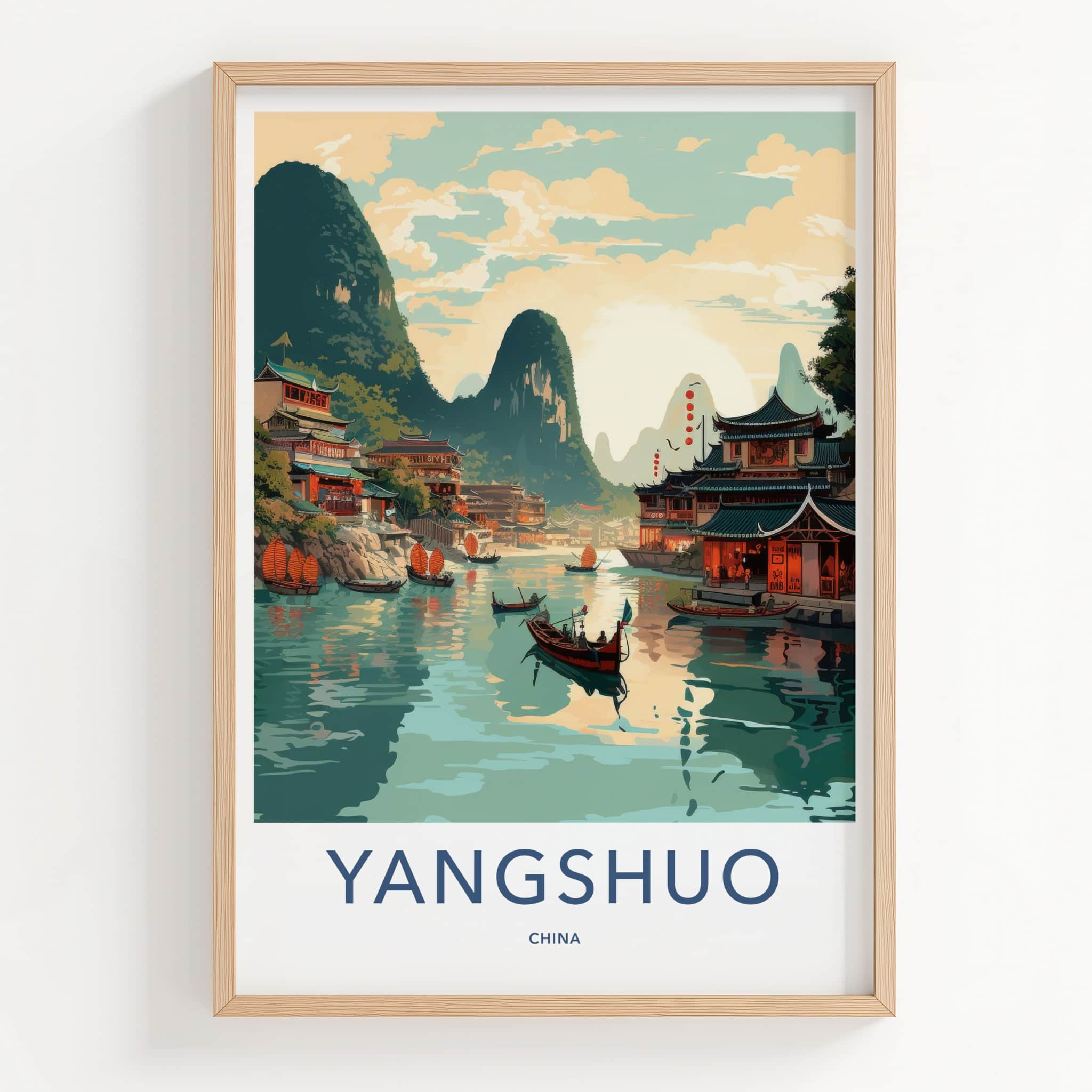 Yangshuo Poster - China Travel Art - Karst Mountains Water Home Decor