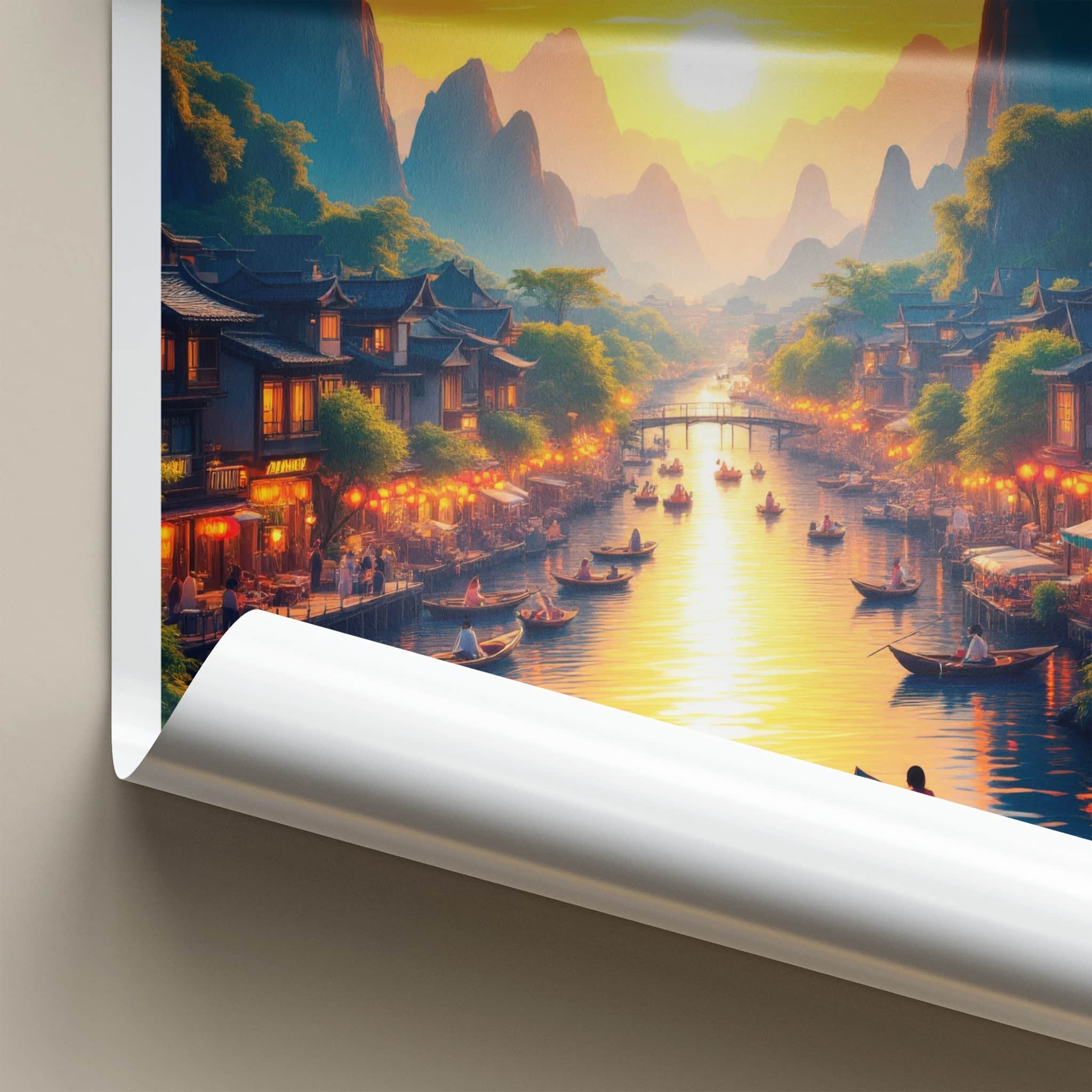 YANGSHUO Poster - China Travel Art - Mountain River Sunset Home Decor