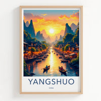 YANGSHUO Poster - China Travel Art - Mountain River Sunset Home Decor