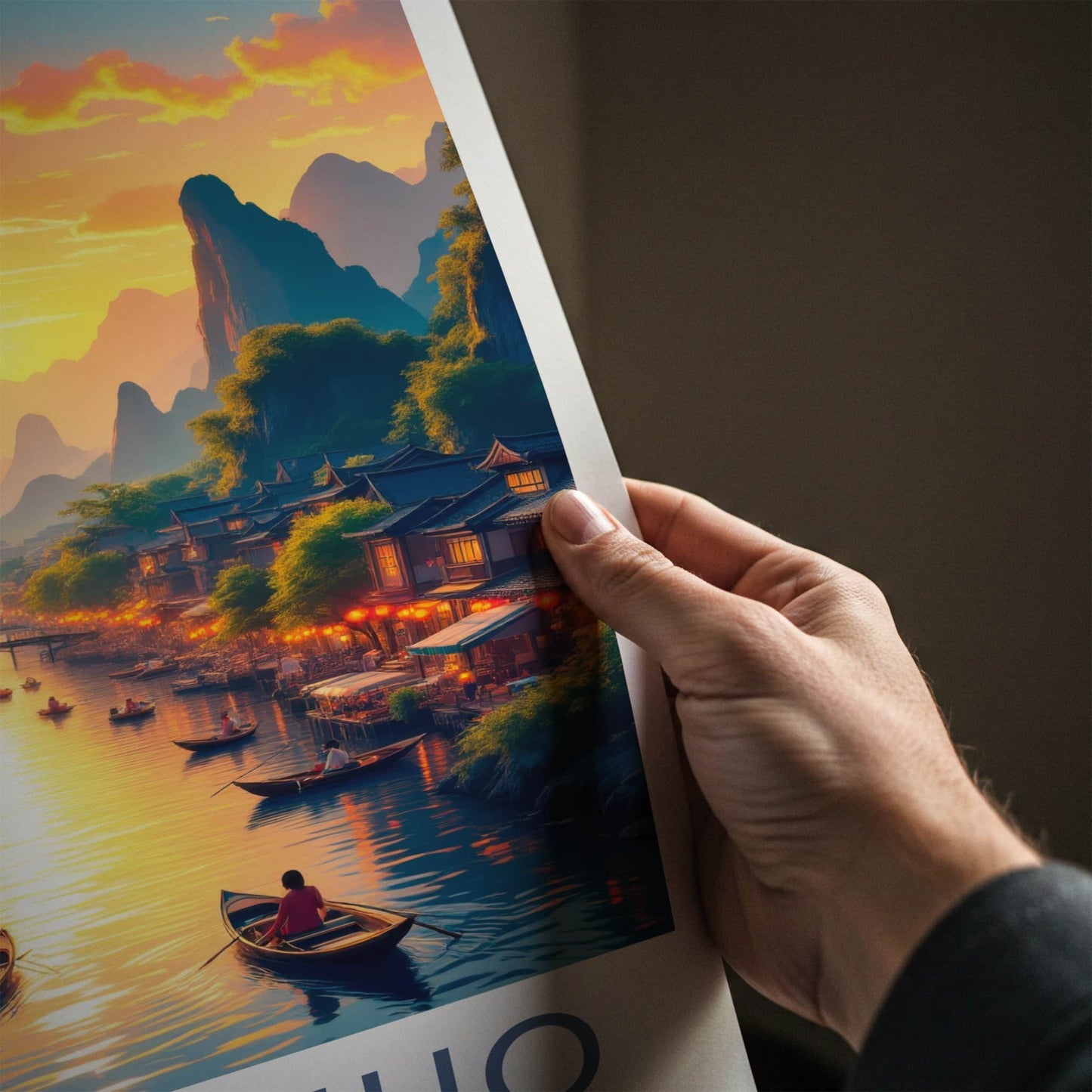 YANGSHUO Poster - China Travel Art - Mountain River Sunset Home Decor