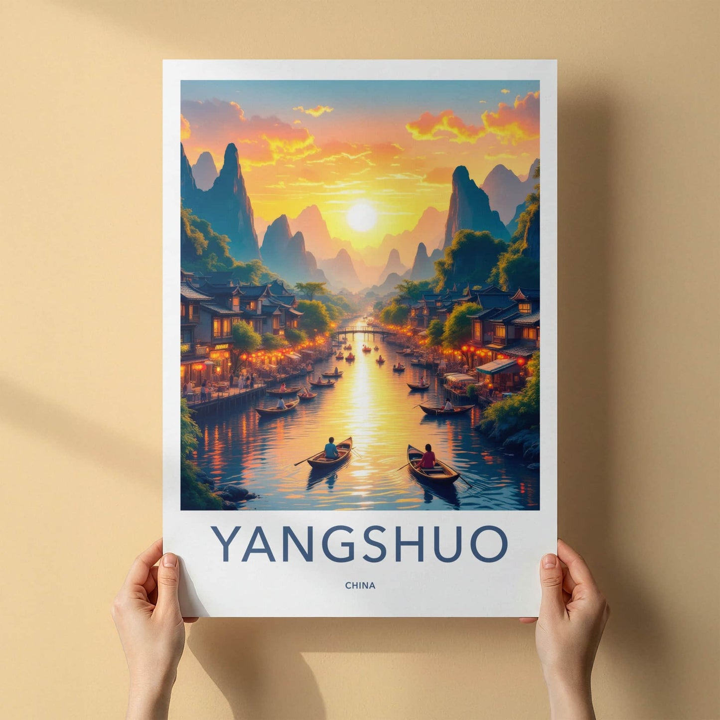 YANGSHUO Poster - China Travel Art - Mountain River Sunset Home Decor