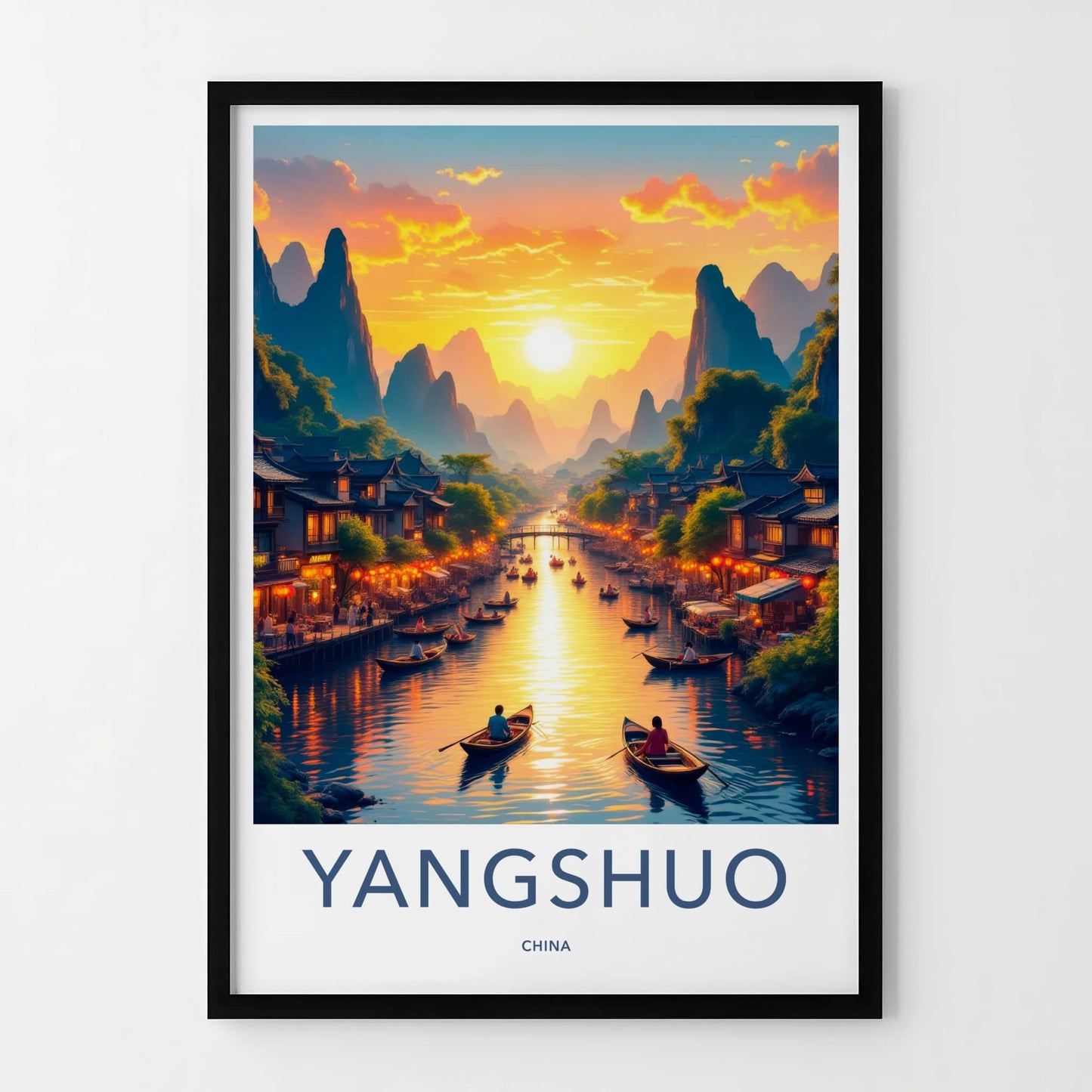 YANGSHUO Poster - China Travel Art - Mountain River Sunset Home Decor