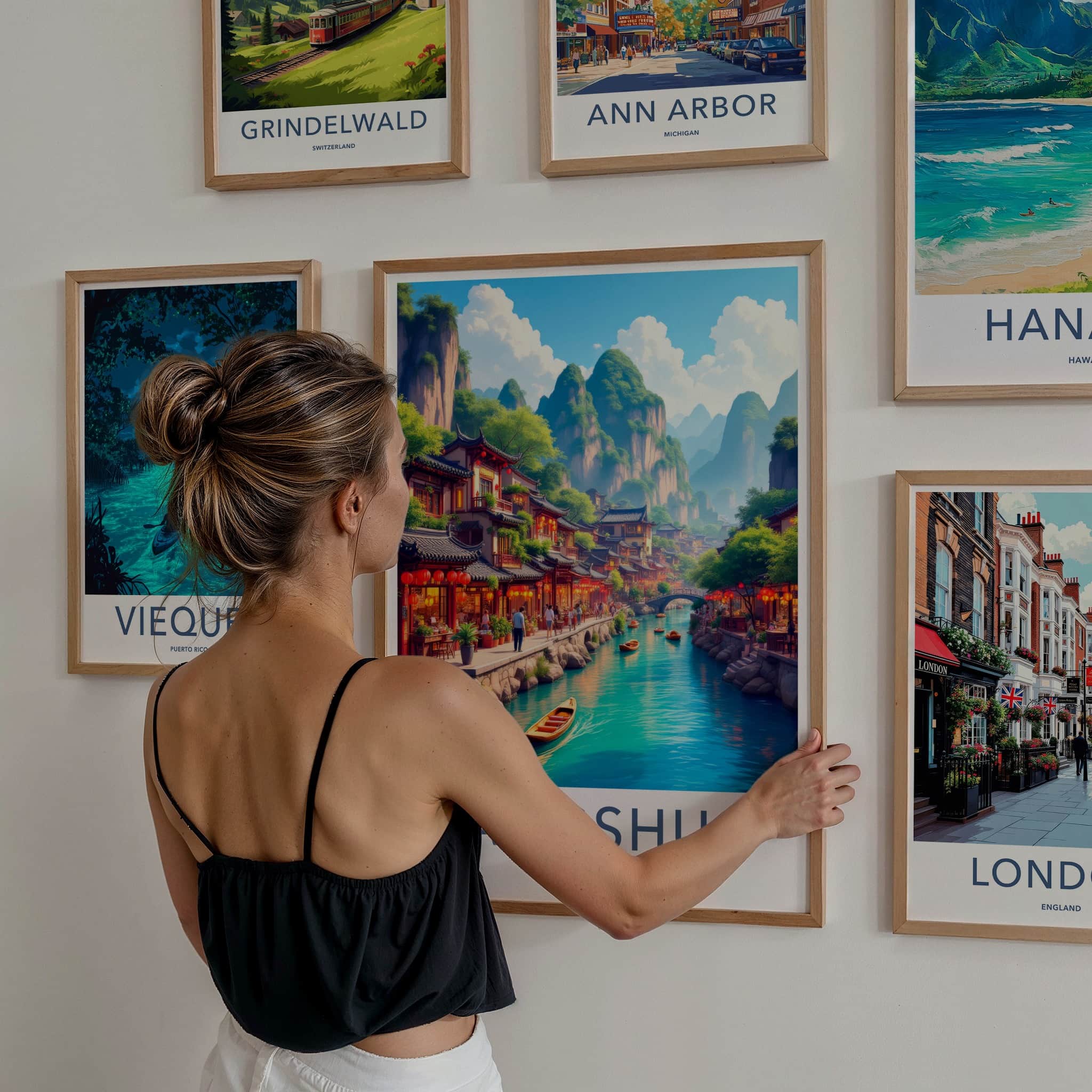 Yangshuo Poster - China Travel Art - River Village Mountains Home Decor