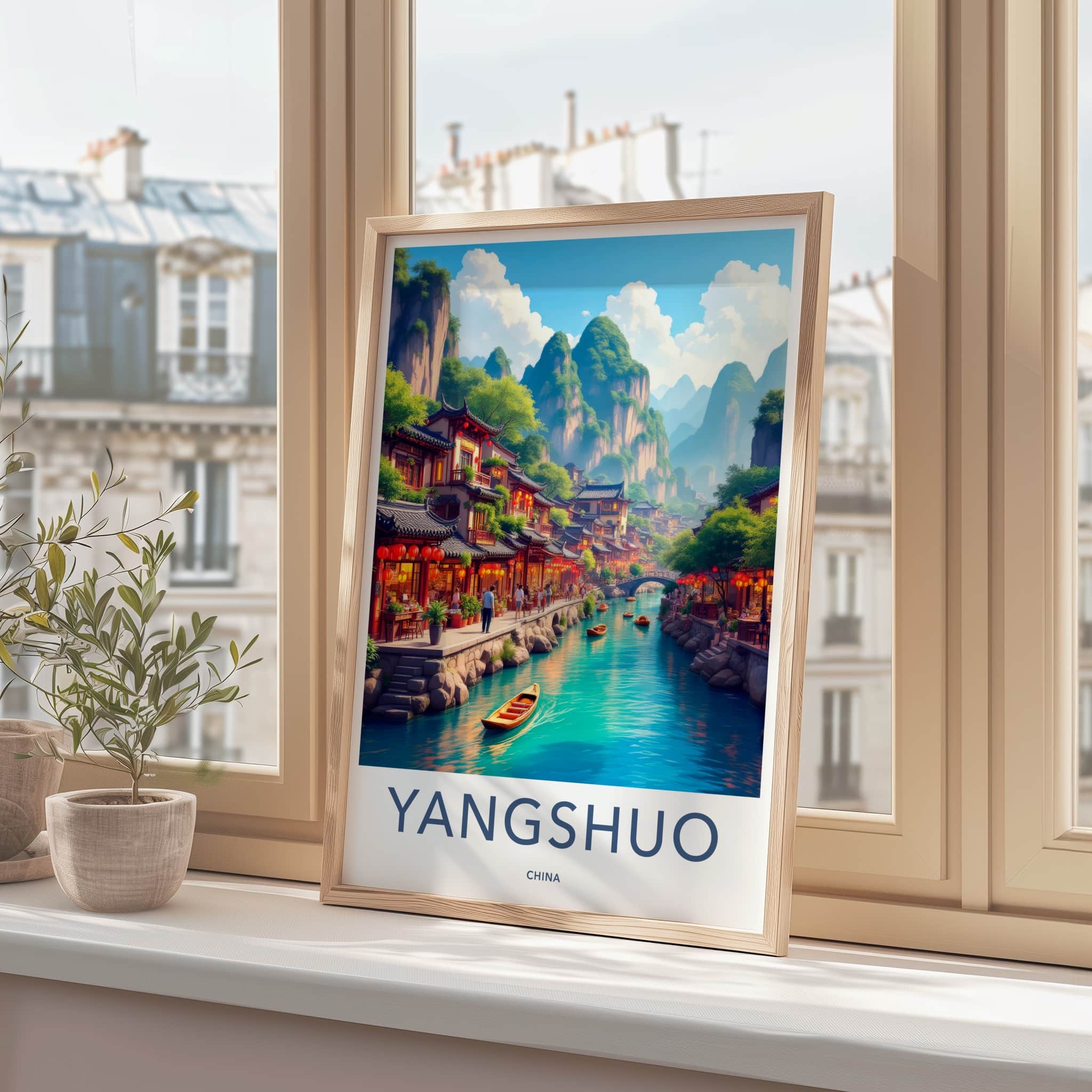 Yangshuo Poster - China Travel Art - River Village Mountains Home Decor